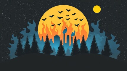 wildfire and architecture concept. Fiery sunset over a city skyline with silhouettes of trees and birds.