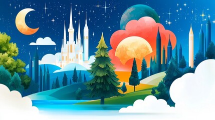 wildfire and architecture concept. A whimsical landscape with castles, trees, and a colorful sky.