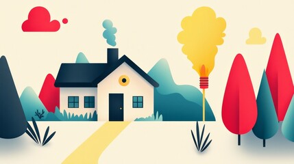 wildfire and architecture concept. Whimsical house illustration with colorful trees and stylized landscape.