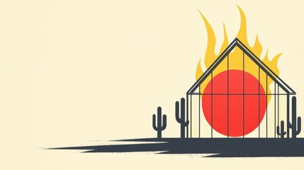 wildfire and architecture concept. Stylized house with flames and sun against a desert backdrop.