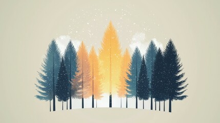 wildfire and architecture concept. Illustration of a forest with a central golden tree among dark pines.
