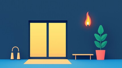 wildfire and architecture concept. Minimalist interior with plants and warm lighting accents.