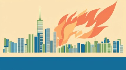 wildfire and architecture concept. Urban skyline with flames and abstract design elements.