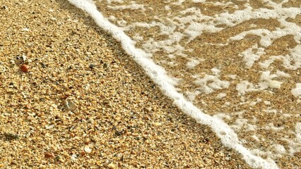 In slow motion, the gentle wave touches the shoreline, leaving a trail of foam and shells as the water slowly returns, illustrating the calm interaction between the sea and sand.
