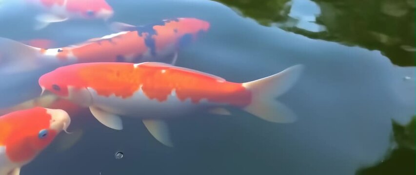 Anamorphic video Koi fish swirling gently in a tranquil pond. Water sparkles with sunlight as fish move in calm