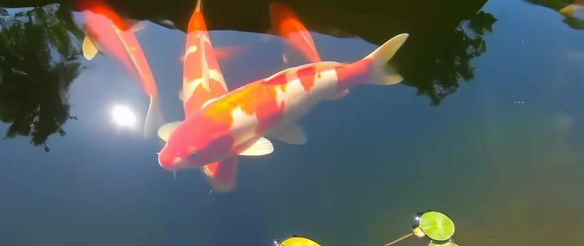 Anamorphic video Koi fish swirling gently in a tranquil pond. Water sparkles with sunlight as fish move in calm