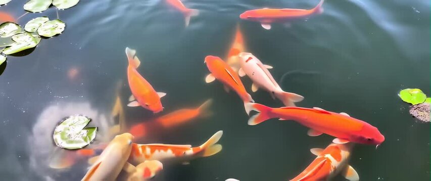 Anamorphic video Koi fish swirling gently in a tranquil pond. Water sparkles with sunlight as fish move in calm