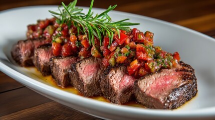 Sliced medium-rare steak topped with a fresh tomato herb salsa, garnished with rosemary, served on a white plate.