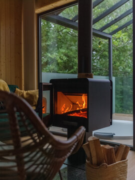 Fireplace in wooden house