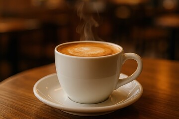 Fototapeta premium Aromatic Close Up of a White Mug Filled with Hot Steaming Cappuccino Espresso or Latte Served on a Cafe Table Perfect for Morning Breakfast or a Cozy Coffee Break