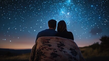 Cozy couple wrapped in blanket gazing at the breathtaking starry night sky