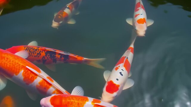 Koi fish swirling gently in a tranquil pond. Water sparkles with sunlight as fish move in calm