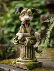 Moss-Covered Dog Statue on Column