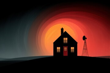 Fototapeta premium Abstract digital illustration of a silhouette house against a vivid sunset blending oranges and reds creating a striking contrast with dark landscape elements for a dramatic visual experience