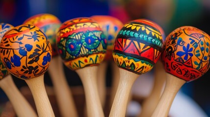 Colorful hand-painted wooden maracas displayed closely together.