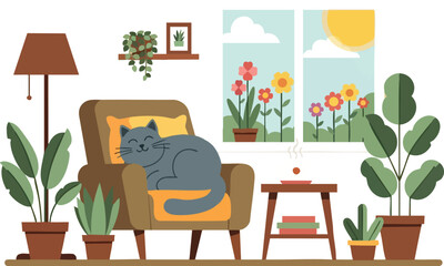 Grey Cat Relaxing on Armchair in Cozy Living Room Filled with Plants and Sunlight 