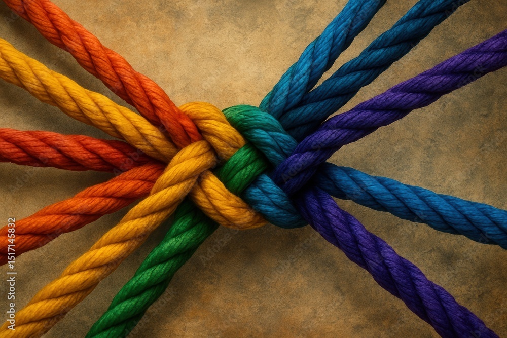 Aufkleber conceptual image of intertwined ropes in diverse colors representing team strength partnership unity