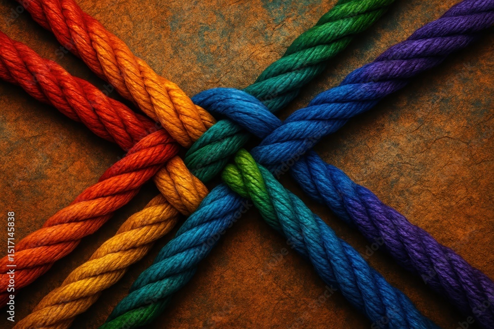 Aufkleber conceptual image of intertwined ropes in diverse colors representing team strength partnership unity