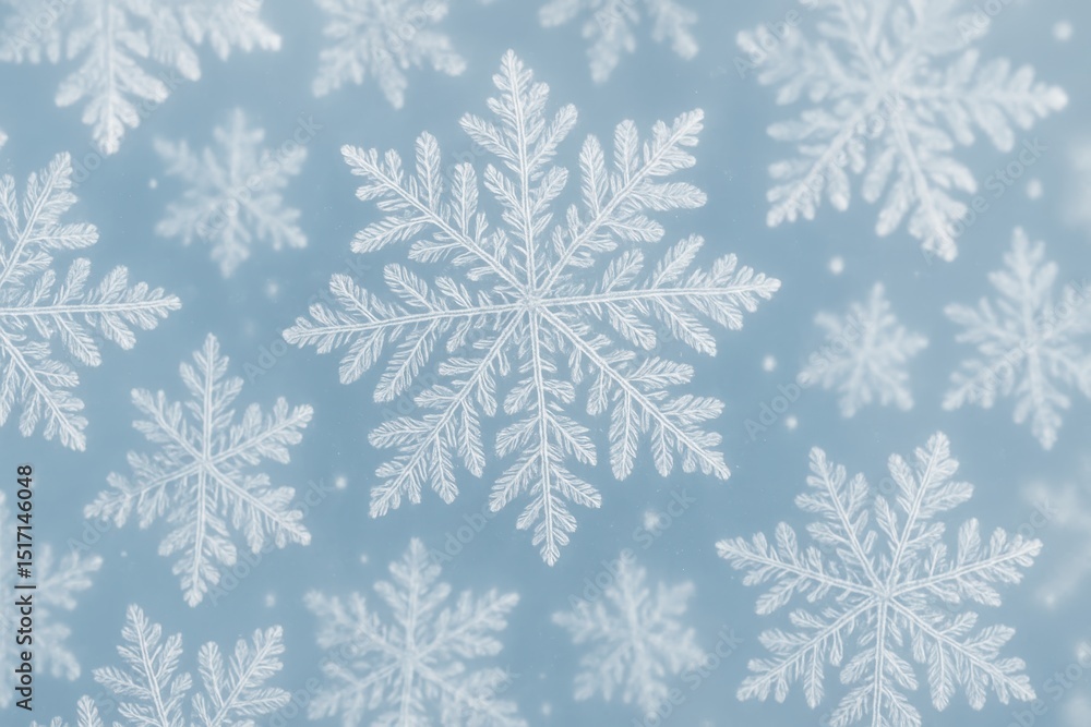 Poster delicate white snowflakes with unique symmetrical ice crystal patterns gently falling against a soft