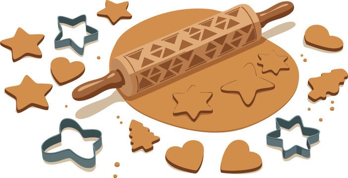 Christmas themed cookie dough with rolling pin and various shaped cutters baking preparation 