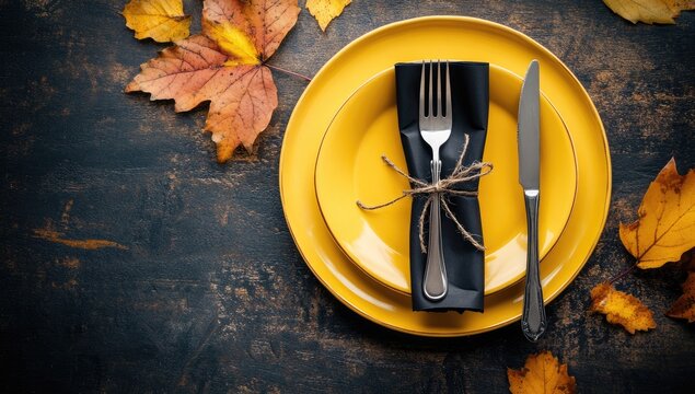 Autumnal place setting with yellow plates, black napkin, and cutlery - Powered by Adobe