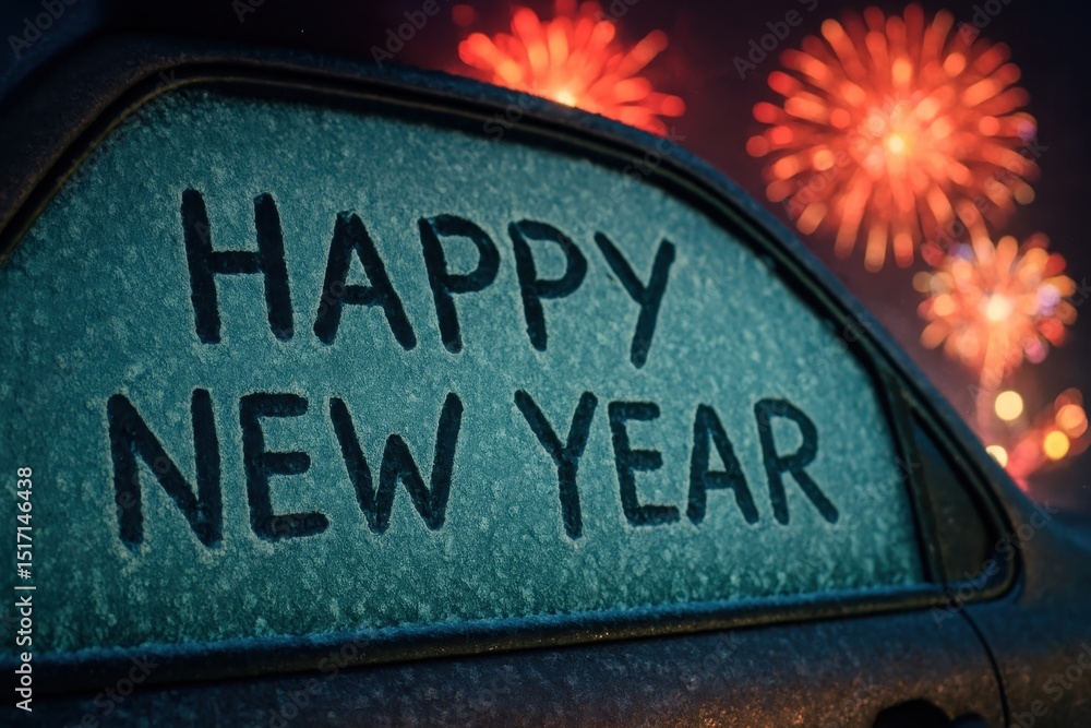 Poster festive new years greeting happy new year inscribed with a finger on a frosty icy car window with co