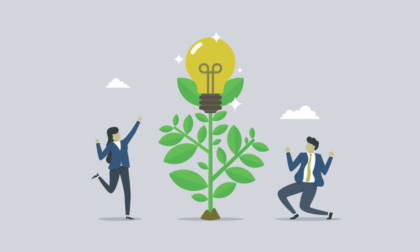 Man and woman happy their idea has growth. growing idea. growth the inspiration. inspiration has been growth. never run out of idea.