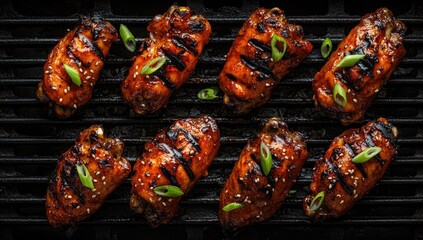 Grilled chicken wings on a barbecue. Sprinkled with sesame seeds and green onions, the wings are glazed with a reddish-brown sauce, and sit on a hot grill