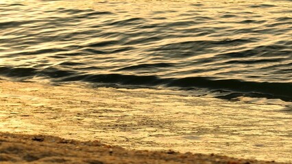 A close-up shot of ocean waves gently washing over golden sand, creating a serene beach scene. Ideal for promoting coastal relaxation, nature, or beach vacations.

