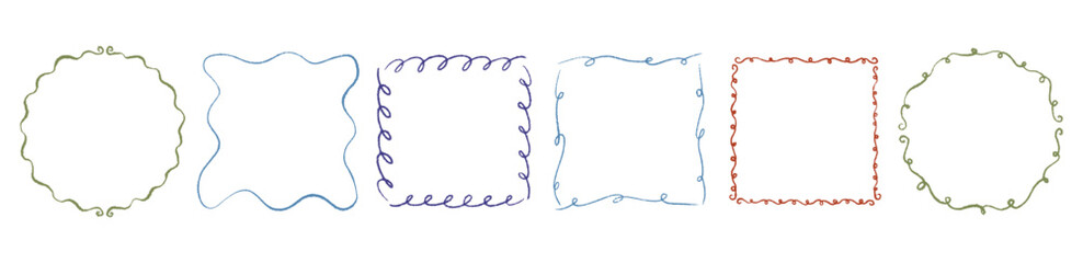 Hand drawn circle, square swirl curved frame set. Pencil texture doodle curly borders collection. Chalk scribble wavy wedding invitation, greeting card, postcard design. Vintage vector illustration