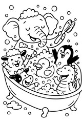 Animal Bath Doodle Line Art Illustration