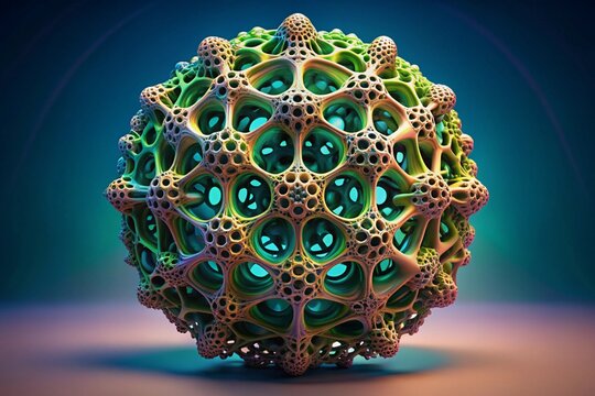 Abstract 3D render featuring complex geometric sphere with vibrant colors and intricate structural details in mesmerizing digital artwork