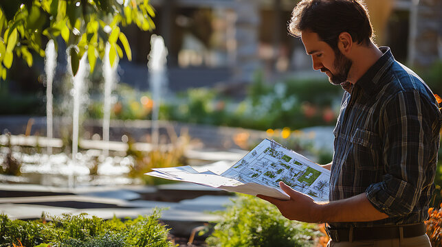 Man reading a map or brochure in a serene park setting with fountains and greenery
