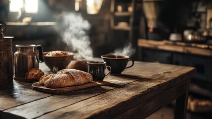 Rustic Kitchen Table Setting with Freshly Baked Bread and Coffee