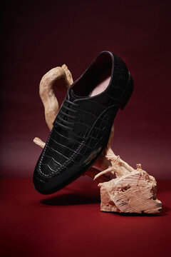 Stylish black leather shoe displayed on artistic wood