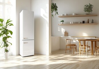 Bright, sunlit kitchen with white walls, light wooden floors, and a tall white refrigerator.  Wooden shelves hold plants and decorative items.  Dining area with a light-colored wooden table and chairs
