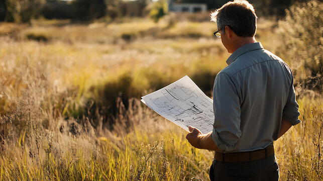 Man reviewing blueprints in a grassy field