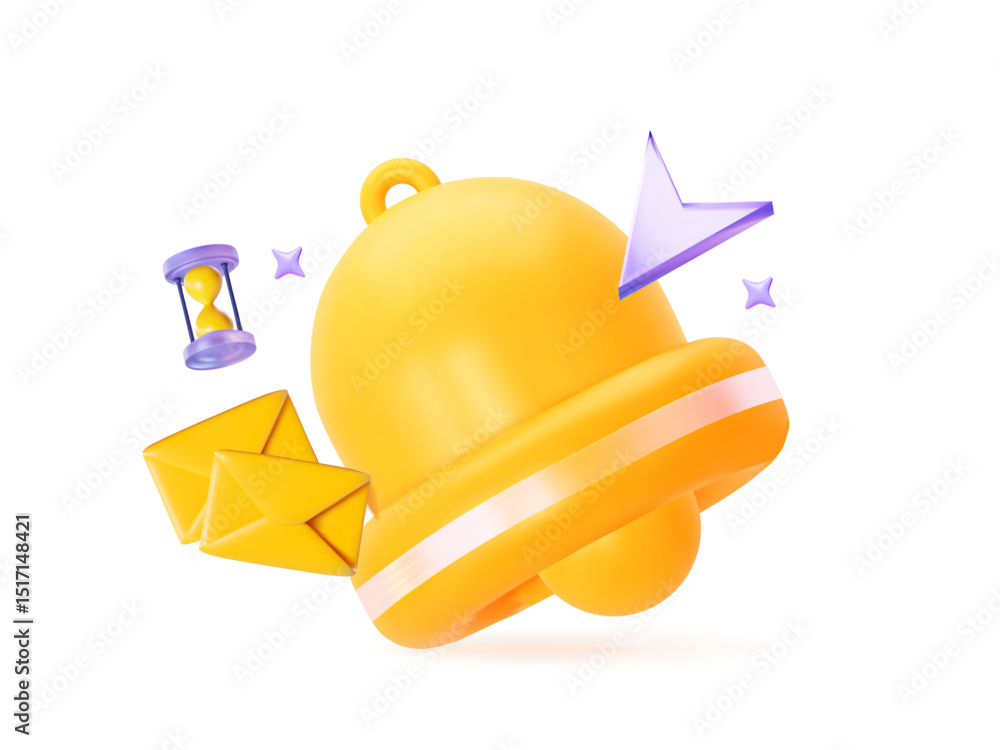 Poster 3d notification bell with email envelopes and hourglass. digital reminder and alert icon for user in