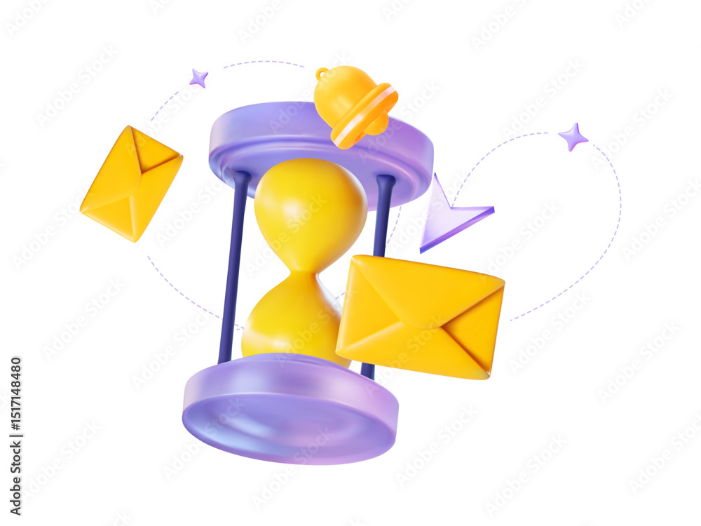 Poster 3d vector hourglass with envelopes and notification bell. symbol of email reminders, countdown timer