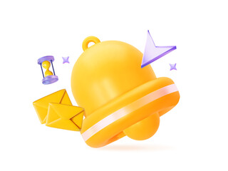 3D Notification Bell with Email Envelopes and Hourglass. Digital Reminder and Alert Icon for User Interface or Web Design