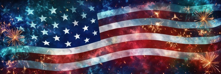 An American flag with sparklers in the foreground, celebrating an official holiday Generative AI