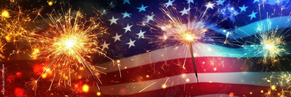 Poster close-up of sparklers in front of an american flag background generative ai