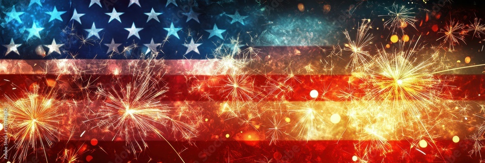 Aufkleber sparklers in front of an american flag background it is a wide shot with the focus on the sparks and