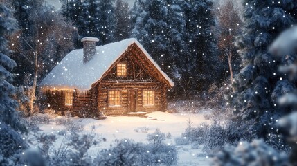 Snowfall Envelops Cozy Log Cabin in Winter Forest