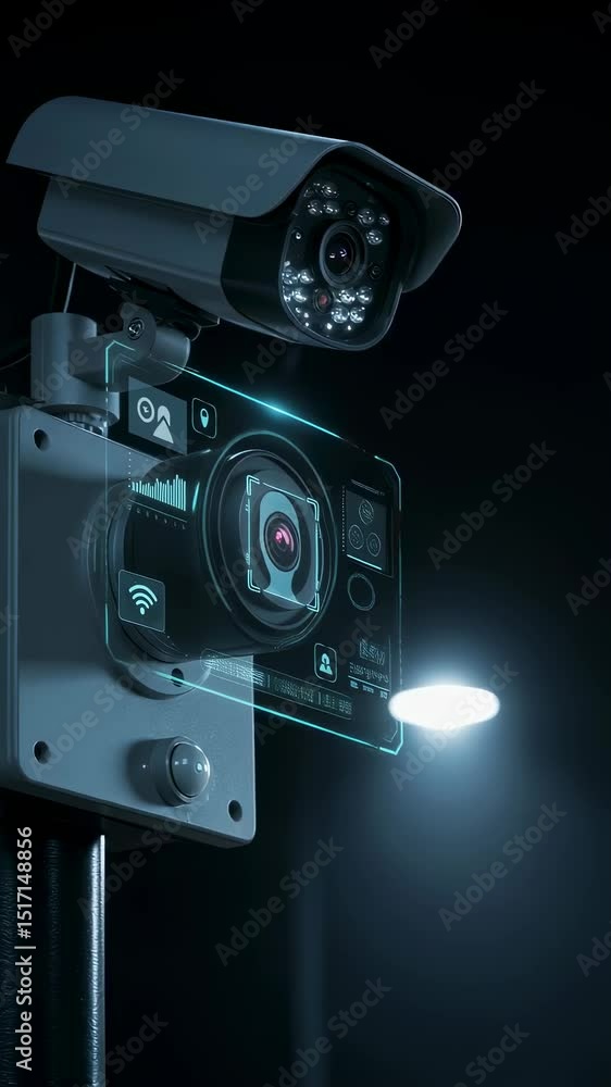 Poster surveillance security camera with integrated digital interface showing data, intelligent monitoring 