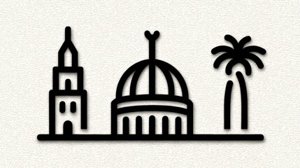 Obraz premium Iconic architectural silhouettes showcasing historic buildings a prominent dome and palm tree conveying cultural richness in a minimalist black and white design
