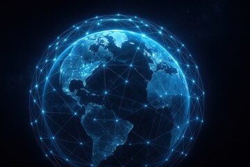 Naklejka premium Digital Earth Glowing Global Network Grid Encircling Planet Earth Symbolizing Worldwide Internet Connectivity and Space Technology