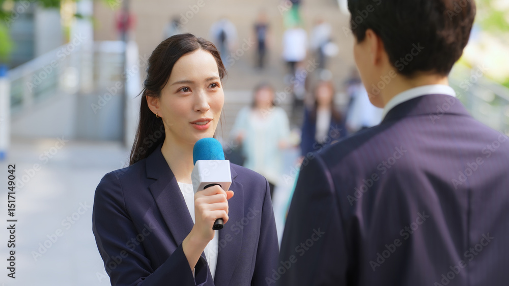 Aufkleber インタビュー、街頭、レポーター、テレビ、報道、放送、ニュース、質問、中継、収録、女性、アナウンサー、リポーター、屋外、駅前、取材、口コミ、クチコミ、意見、感想、マイク、笑顔、日本人、男性、番組、TV、アンケート、調査、リサーチ、ビジネスウーマン、キャリアウーマン、ビジネス、新緑、都会、都市、会話、若い、美人、歩行者、世論、インタビュアー、VTR、街録、録画、トレンド、評判、評価、宣伝、CM、人物