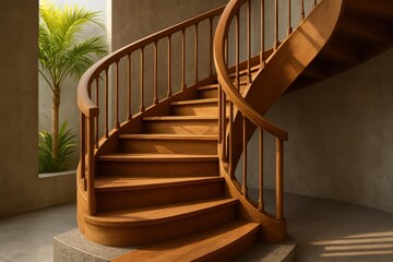 Elegant Spiral Wooden Staircase Detail with Granite Base in a Sunlit Loft Interior Modern 3D Design Background