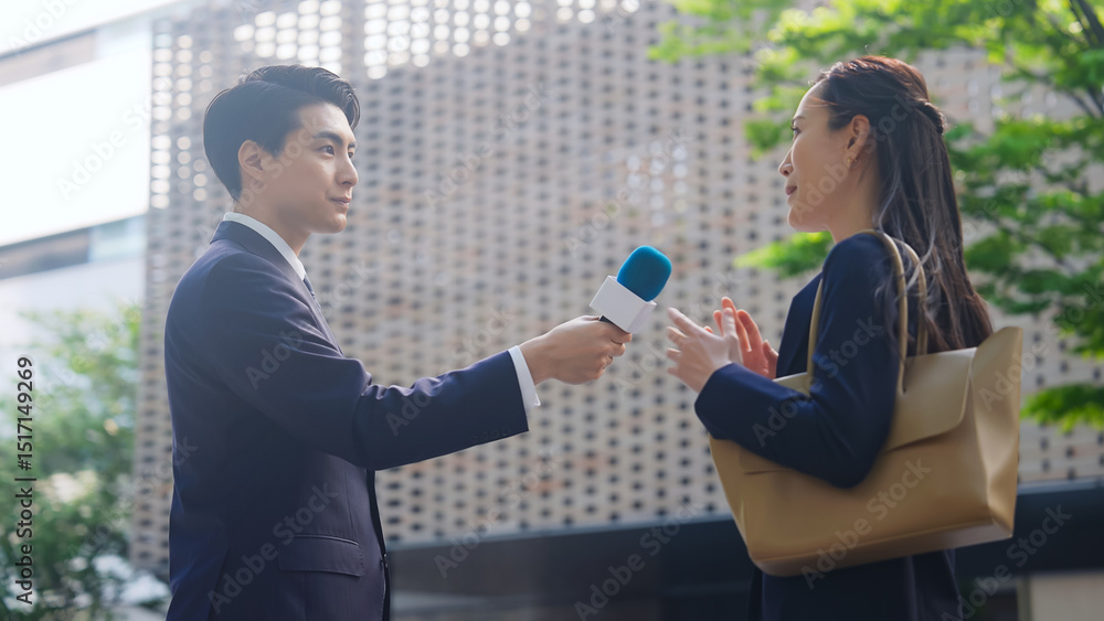 Aufkleber インタビュー、街頭、レポーター、テレビ、番組、取材、アンケート、マイク、収録、中継、ニュース、アナウンサー、TV、ビジネス、ライブ、報道、放送、男性、女性、日本人、都市、社会、世論、調査、リサーチ、質問、屋外、都会、日本、スーツ、ショッピング、笑顔、ビジネスウーマン、ビジネスマン、情報、出口、若い、30代、広告、リポーター、駅前、VTR、外出、会話、インタビュアー、街録、制作会社、ディレクター、A